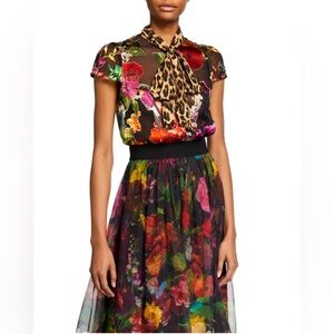 NWT Alice and Olivia Jeannie Blouse Garden Floral Combo Animal Print Top Size XS